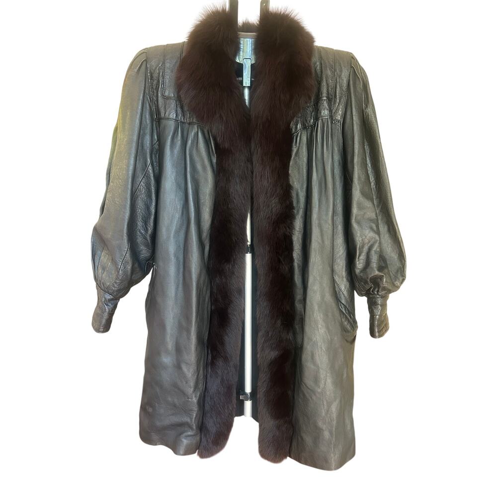 Vintage 80s Black Leather Real Fox Fur Coat Oversized Power Shoulder Large XL